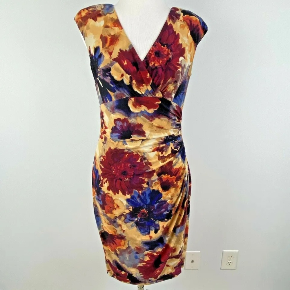 RALPH LAUREN Floral Print Mustard Yellow, Red, Indigo V-neck ruched Dress Size 4